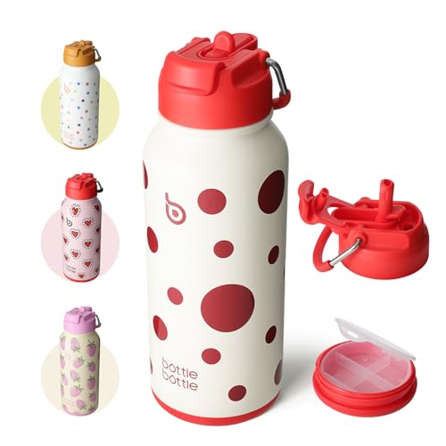 BOTTLE BOTTLE 32oz Insulated Water Bottle with Pill Box | Stainless Steel,Sport Water Bottle, with Straw Dual-use Lid and Pill Box, Design for Gym - color: Polka Pop