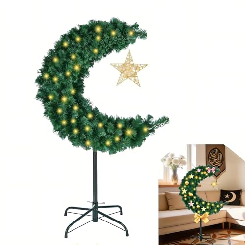 3ft Lighted Ramadan Moon Tree with Star Decorations, Islamic Crescent Artificial Decor for Home, Eid Tree