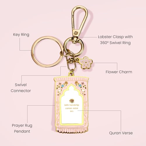 Islamic Keychain – Gold-Plated Enamel Muslim Keychain with Quran Verse & Charms, Islamic Gifts for Women & Men - color: Pink