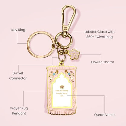 Islamic Keychain – Gold-Plated Enamel Muslim Keychain with Quran Verse & Charms, Islamic Gifts for Women & Men - color: Pink