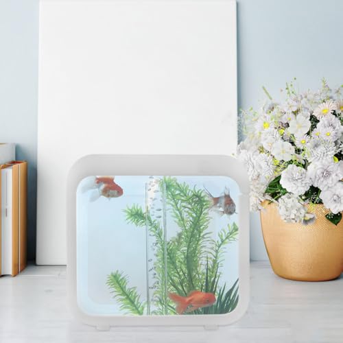 Plastic Aquarium Miniature Kits Small Aquarium Mini Fish Tank Small with LED Lighting Fish Landscape Box Desktop Decoration LED Creative - color: White