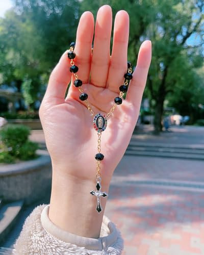 Rimvoe Car Rosary for Rearview Mirror Hanging - Catholic Religious Devout Gift with Virgin Mary Charm and Crucifix, Ideal Catholic Rosary Gifts for Men & Women (Black)