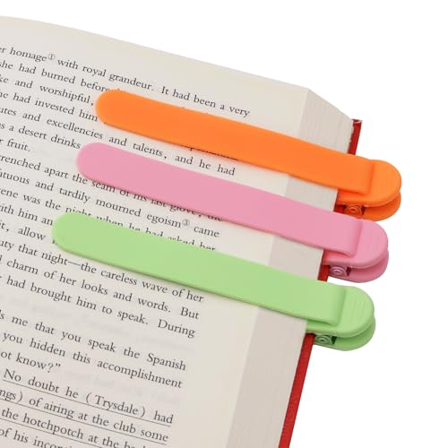 SMUK 3pcs Automatic Silicone Bookmark, Unique Bookmark Page Keeper for Reading Lovers Women Men Kids Teachers, Book Page Holder Markers Clip Book Marks Reading Accessories Gifts - color: 1 Pink+1 Green+1 Orange