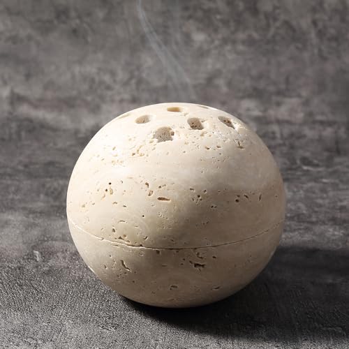 Koville Natural Travertine Incense Burner, Stone Incense Holder for Cone/Balsam Fir/Palo Santo/Sage, Handmade Sphere Marble Incense Burner for Meditation Yoga SPA Relaxation, Home Decor(Beige) - color: Sphere-travertine