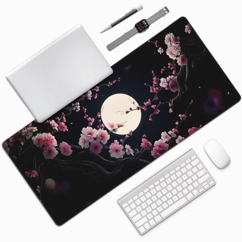 XXL Gaming Mouse Pad 35.4x15.7 Inch, Large Extended Desk Mat | Cherry Blossom Design, Non-Slip Rubber Base, Water-Resistant Surface and Stitched Edges for Gaming, Office & Home - color: Cherry Blossom Moon