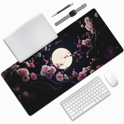 XXL Gaming Mouse Pad 35.4x15.7 Inch, Large Extended Desk Mat | Cherry Blossom Design, Non-Slip Rubber Base, Water-Resistant Surface and Stitched Edges for Gaming, Office & Home - color: Cherry Blossom Moon