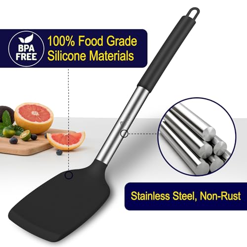 HOTEC Silicone Spatula Set of 2, High Heat-Resistant & BPA-Free Kitchen SaptulaTurner with Stainless Steel Handles, Slotted & Solid Spatulas for Nonstick Cookware, 13.7 Inch, Black - color: Black