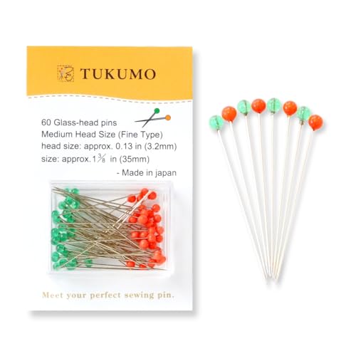 TUKUMO(つくも) Glass Head pins, Sewing Pins,60PCS Dressmaking Marking pins,Sewing Pins for Fabric, Made in Japan (0.02 inches × Length 1.38 inches(Medium Ball) - size: 0.02 inches × Length 1.38 inches(Medium Ball)