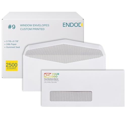 2500 Pack Custom Printed #9 Single Window Envelopes, Gummed Seal, Security Tinted - Bright White Envelopes for Quickbooks, Checks, Return Mail, Text and Logo Customization, 24lb, 3 7/8 x 8 7/8 Inches - size: #9 Envelopes | 2500 Count