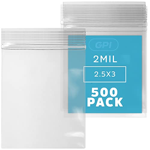 GPI - Pack of 500, 2.5" x 3" 2 Mil Thick - Clear Plastic Reclosable Zip Bags - Bulk, Strong & Durable Poly Baggies with Resealable Zip Top Lock for Travel, Storage, Packaging & Shipping - color: 500, size: 2.5" x 3"