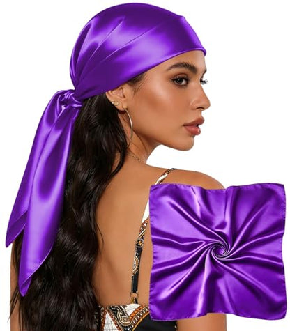 Sumolux Head Hair Scarf for Women 35" Like Satin Silk Scarf Hair Wrapping Night Bandana Large Square Scarves - color: A Solid Bright Purple
