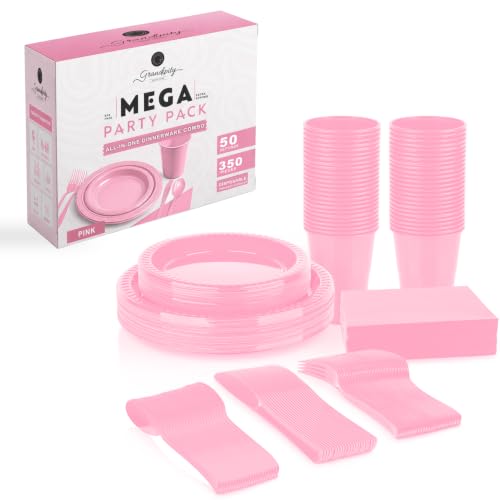 Grandipity Disposable Plastic Dinnerware Sets for Parties (350 pcs) - color: Pink, size: 50 Guests (350 PCS)