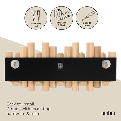 Umbra Picket Coat Rack, Wall Mount 5 Flip-Down Coat Hooks, Natural | Beveled pine wood dowels, supports up to 5 lbs, mounting hardware included, space saving - color: Natural, size: 5-Hook