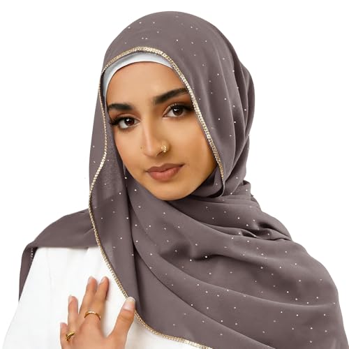 Hijab Scarf for Women Soft Chiffon Rhinestone Long Scarf Shawl Fashion Muslim Hijab Head Wrap Scarves - color: Dark Grey