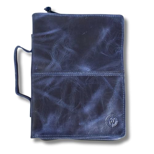 Full Grain, Natural Leather Bible Cover/Case with Zipper - Handmade - Crazy Blue