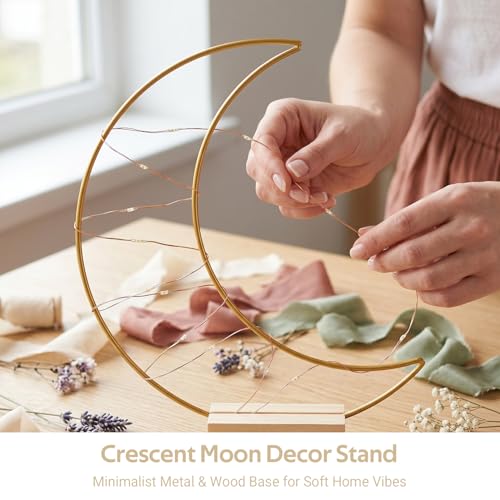 6pcs Wedding Decoration Table Hoop Party Centerpieces with Wood Base Moon Shape Metal Hoop Centerpiece Elegant Moon Metal Hoop Sturdy Golden Hoop Centerpieces Wreath Ring Stand