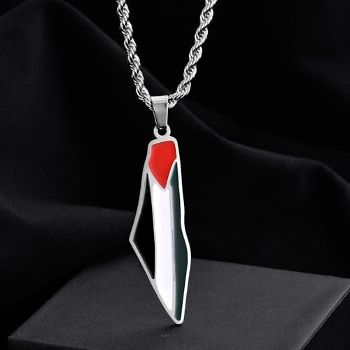 Palestine Map Pendant Necklace, Stainless Steel Chain, Multicolor，Peace Pendant - color: Silvery-1.5in