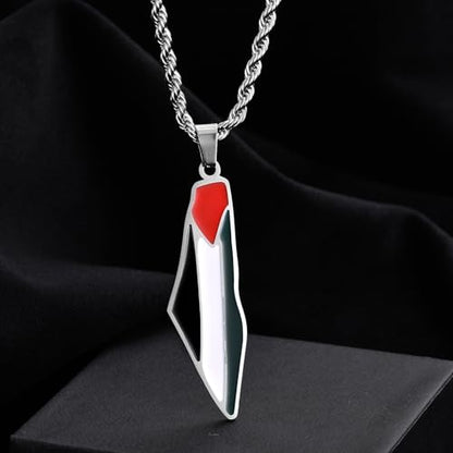 Palestine Map Pendant Necklace, Stainless Steel Chain, Multicolor，Peace Pendant - color: Silvery-1.5in