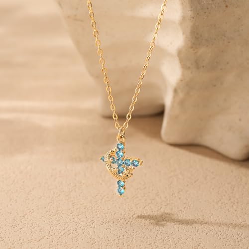 Robaice Upgraded Crown Cross Necklace for Women, 14K Gold Plated - color: M03 Aquamarine Blue, Mar