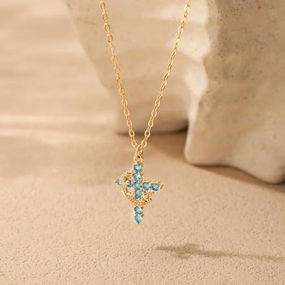 Robaice Upgraded Crown Cross Necklace for Women, 14K Gold Plated - color: M03 Aquamarine Blue, Mar