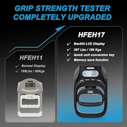 Digital Grip Strength Tester, 397 lb Hand Dynamometer, Black | 397 lb Capacity; 0.2 lb Increments; 19 Memory Records; Adjustable Handle; Memory Tracking; For Sport and Rehab