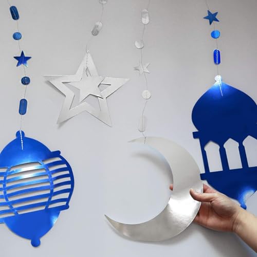 Cheerland Silver Blue Ramadan Decorations for Home Star Moon Lantern Garland Islamic Hanging Streamer Backdrop Eid Mubarak Decorations Lesser Bairam Holiday Celestial Banner Night Party Supplies 16pcs