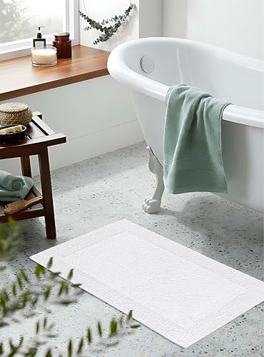 Bedding Craft 100% Cotton Bath Mat - Soft Hotel-Style Rectangular Bathroom Floor Rug - Plush, Water Absorbent Cloth Bathmat for Outside Bathtub/Shower, Machine Washable Cotton Bath Rug 21x34 White