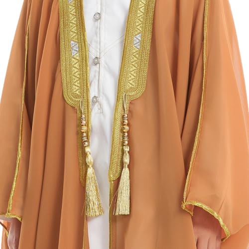 IDOPIP Muslim Thobe for Boys Islamic Arabic Kaftan Robe Ramadan Kids Long Sleeve Embroidery Tassels Open Front Cardigan Thobe - color: Camel, size: 8-10 Years