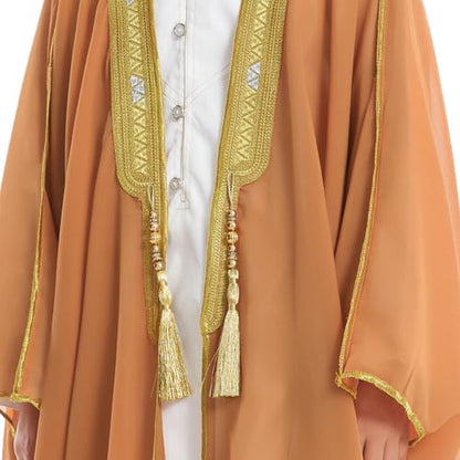 IDOPIP Muslim Thobe for Boys Islamic Arabic Kaftan Robe Ramadan Kids Long Sleeve Embroidery Tassels Open Front Cardigan Thobe - color: Camel, size: 8-10 Years