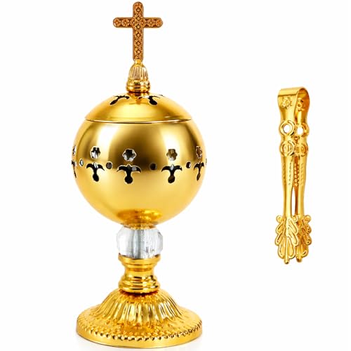 TOPZEA Catholic Incense Burner with Tong, Gold Metal Bakhoor Frankincense Resin Burner, Brass Plated Charcoal Incense Censer Stand with Cross for Christian Church, Home, Yoga, Spa Aromatherapy