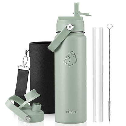 BUZIO 24 oz Water Bottle Insulated, Leakproof Stainless Steel Flask (Cold for 48 Hrs), Wide Mouth BPA-Free Metal Thermo Hydro Canteen with 2 Lids, Sage Green - color: Sage Green, size: 24 Ounces