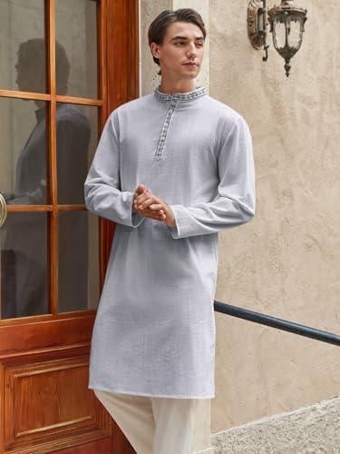 Runcati Mens Cotton Kaftan Robe Long Sleeve Button Down Henley Shirts Thobe Casual Side Split Gown Shirt - color: Gray, size: XX-Large