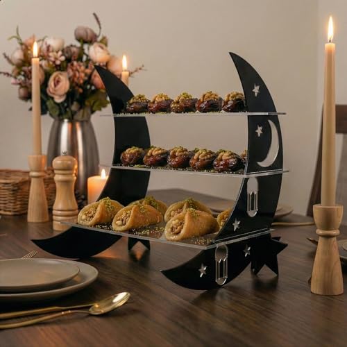 Iwa Concept 3-Tier Acrylic Ramadan Serving Tray | Crescent Moon & Star Design | Elegant Dessert & Nut Presentation Stand for Iftar and Eid Celebrations - color: Black Silver