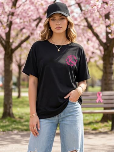 Breast Cancer Shirts for Women Pink Ribbon Boxing Gloves Graphic Tops Breast Cancer Awareness Tshirts Fighter Tees - color: Black, size: Medium