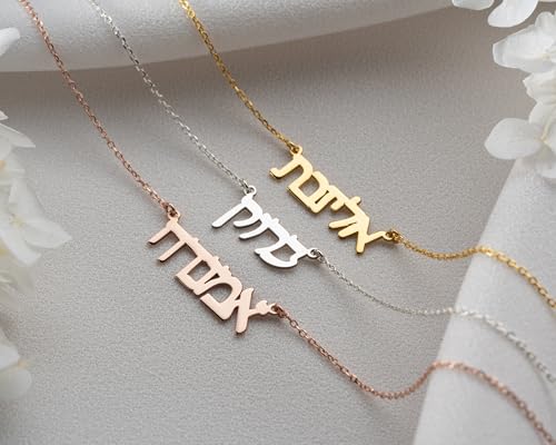 Hebrew Name Necklace for Women 925 Sterling Silver 14K Gold Plated Bat Mitzvah Gifts Jewish Necklace Custom Name Necklace for Women Personalized Israeli Jewelry