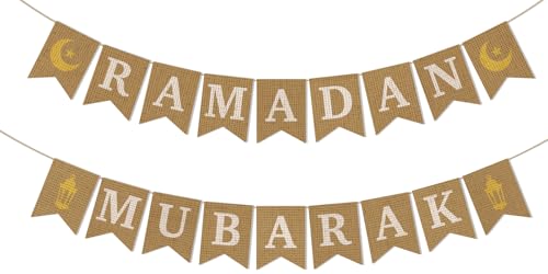 Jute Burlap Ramadan Mubarak Banner with Moon and Star Ramadan Home Mantel Fireplace Decorations Eid Mubarak Festival Decorations