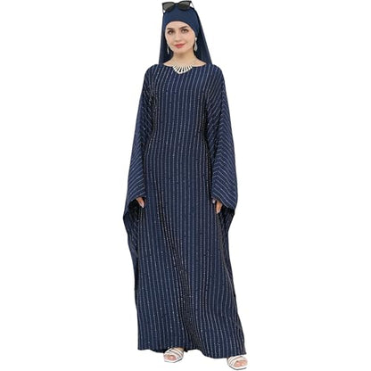 Muslim Abaya Dress 1Piece Bat Sleeve Kaftan Robe Women Islamic Maxi Dress Rhinestone Jilbab Eid Shiny Abaya(No scarf) - color: Navy I