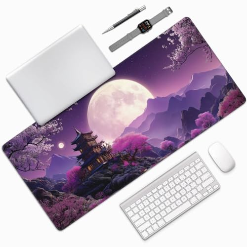 XXL Gaming Mouse Pad 35.4x15.7 Inch, Large Extended Desk Mat | Eastern Moonlit Night design, Non-Slip Rubber Base, Water-Resistant Surface and Stitched Edges for Gaming, Office & Home - color: Cherry Moon