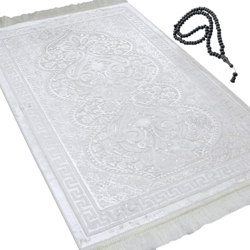 Modefa Luxury Velvet Prayer Rug with Prayer Beads | Soft Elegant Muslim Turkish Janamaz Sajada Carpet for Men and Women | Plain Solid Prayer Mat Ramadan Eid Gift - Paisley (Vanilla Creme) - color: Vanilla Creme