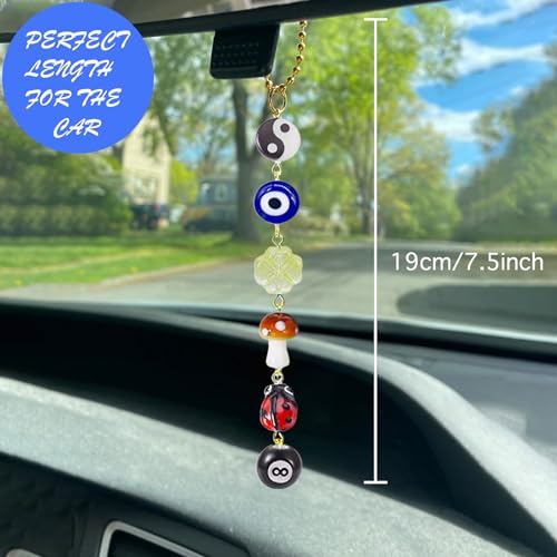 Evil Eye Car Hanging Charm,Rear View Mirror Accessories,Boho Mushroom Decor | Good Lucky Days,Four-Leaf Clover Pendant for Women Men,Cute 8 Ball Ladybug Yin Yang Symbol Ornament