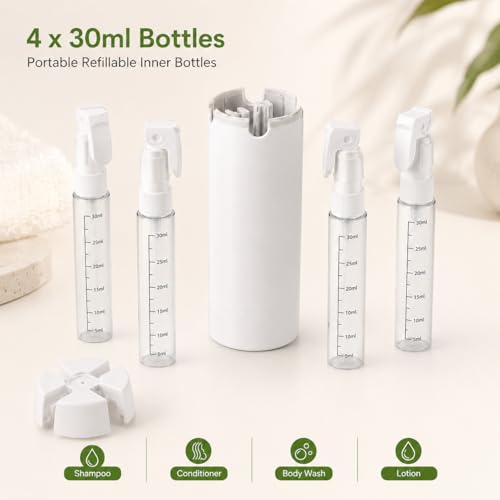 4-in-1 Detachable Travel Dispenser Bottles Set Foldable Pump Leak-Proof, Carry-On Compliant 30ml/1OZ Refillable Containers for Shampoo Lotion Body Wash with Protective Case - color: White