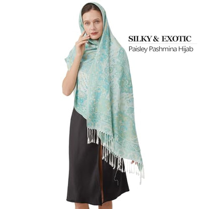 Paisley Pashmina Rave Shawl Scarf-Women's Reversible Ethnic Jacquard Pashmina Wraps for Travel - color: A#. Mint Green