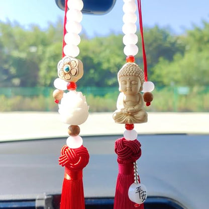 Buddha 백미러 액세서리 걸이용 참, 태슬이 있는 연민의 보살 자동차 걸이 장식, 여성/남성을 위한 귀여운 자동차 액세서리, Fo Bao Ping an - color: 레드