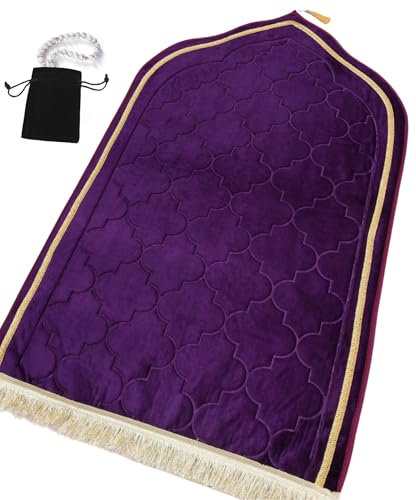 Islamika Prayer Mat Islamic Muslim Rug - Thick Padded mat Sajadah Men Women with Islam Prayer Beads for Eid Travel Ramadan, Soft and Padded (Purple) - color: Purple