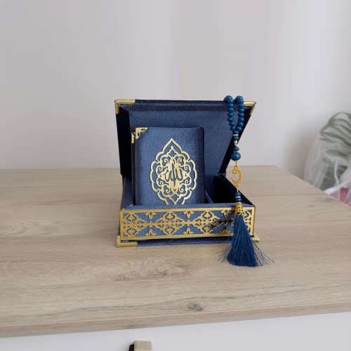 Velvet Covered Quran Tasbeeh Set - Holy Quran Prayer Beads, Wooden Gift Box, Islamic Wedding & Graduation Gift, Muslim Eid & Ramadan Favor (Navy Blue) - color: Navy Blue