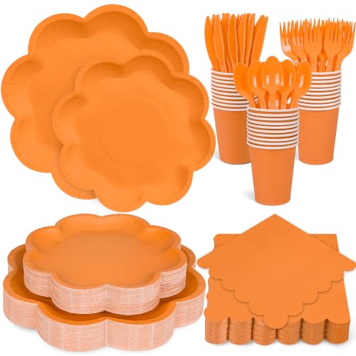 350 Pcs Fall Orange Paper Plates and Napkins Set,Serve for 50 Guest - color: Orange