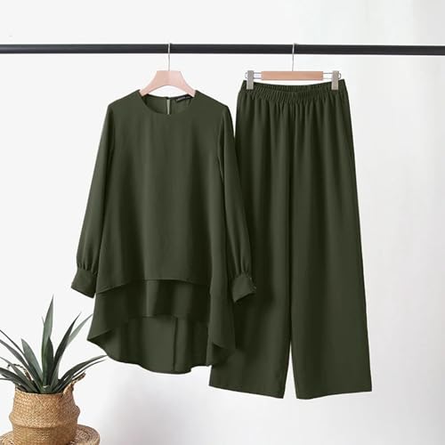 Muslim Casual 2 Piece Set For Women Long Sleeve Loose Top Wide Leg Pants Suit Plus Size Outfit Prayer Clothes - color: 1-green, size: XX-Large