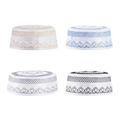haozaikeji 4pcs Men's Muslim Prayer Kufi Hat Embroidered Islamic Prayer Cap Arabian Omani Turkish Praying Caps Eid Topi Hat - color: Black+grey+gold+blue