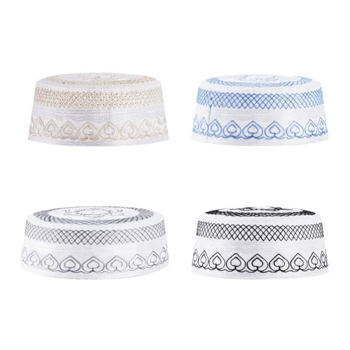 haozaikeji 4pcs Men's Muslim Prayer Kufi Hat Embroidered Islamic Prayer Cap Arabian Omani Turkish Praying Caps Eid Topi Hat - color: Black+grey+gold+blue