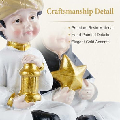 Ramadan Decorations Islamic Home Decor Muslim Boy and Girl Figurines Holding Lantern and Star Resin Table Centerpieces for Office Kids Eid Gifts Ideas Room Desktop Ornament